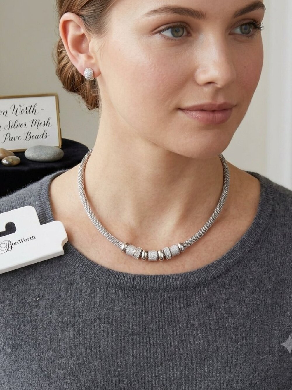 Bon worth silver tone mesh rope necklace with beads
